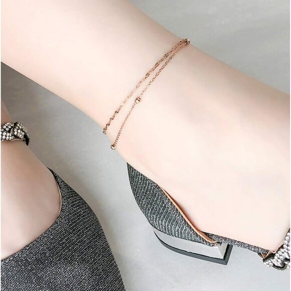RoseGold Ankle Bracelets for Women - Adjustable Layered Anklets - RoseGold Plate - Picture 6 of 8